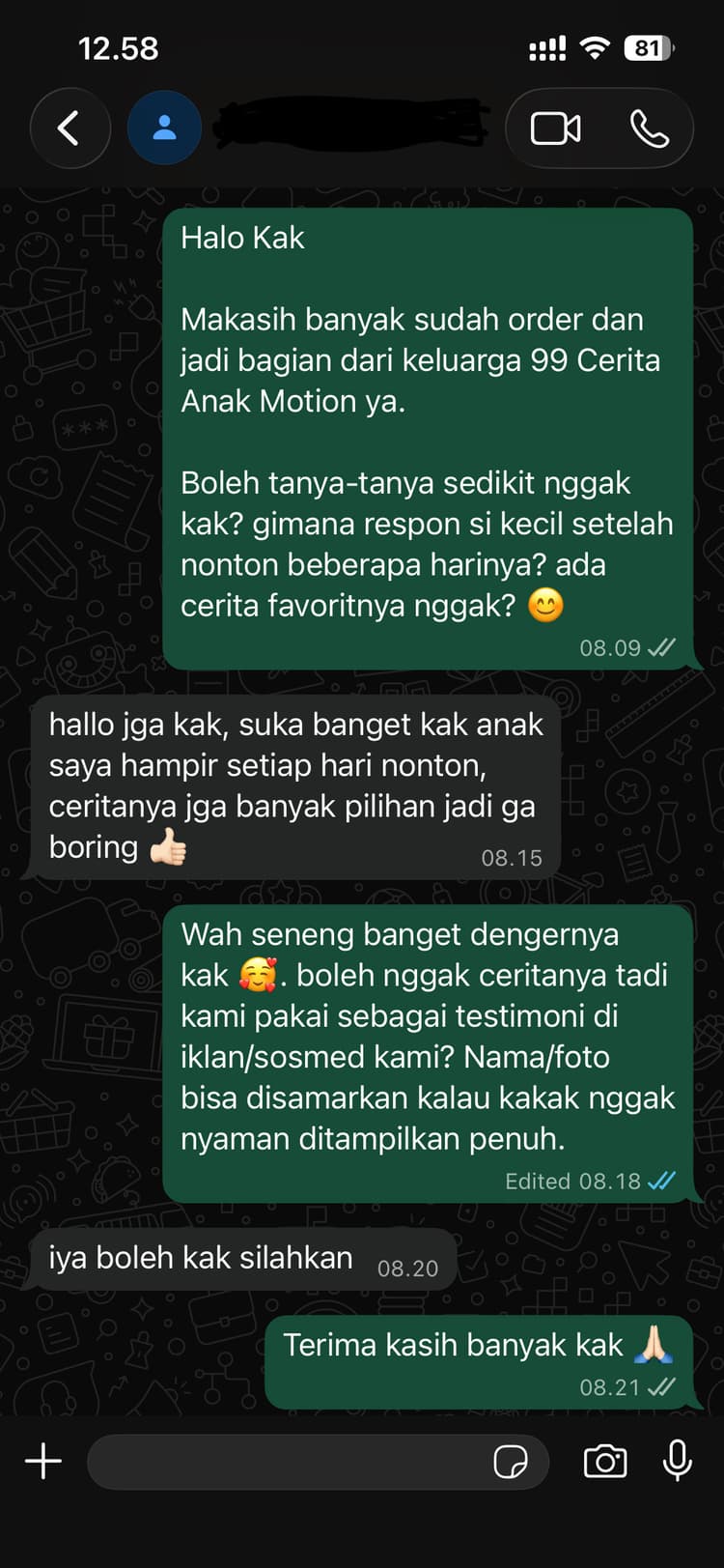 Testimoni WhatsApp dari Pembeli 1